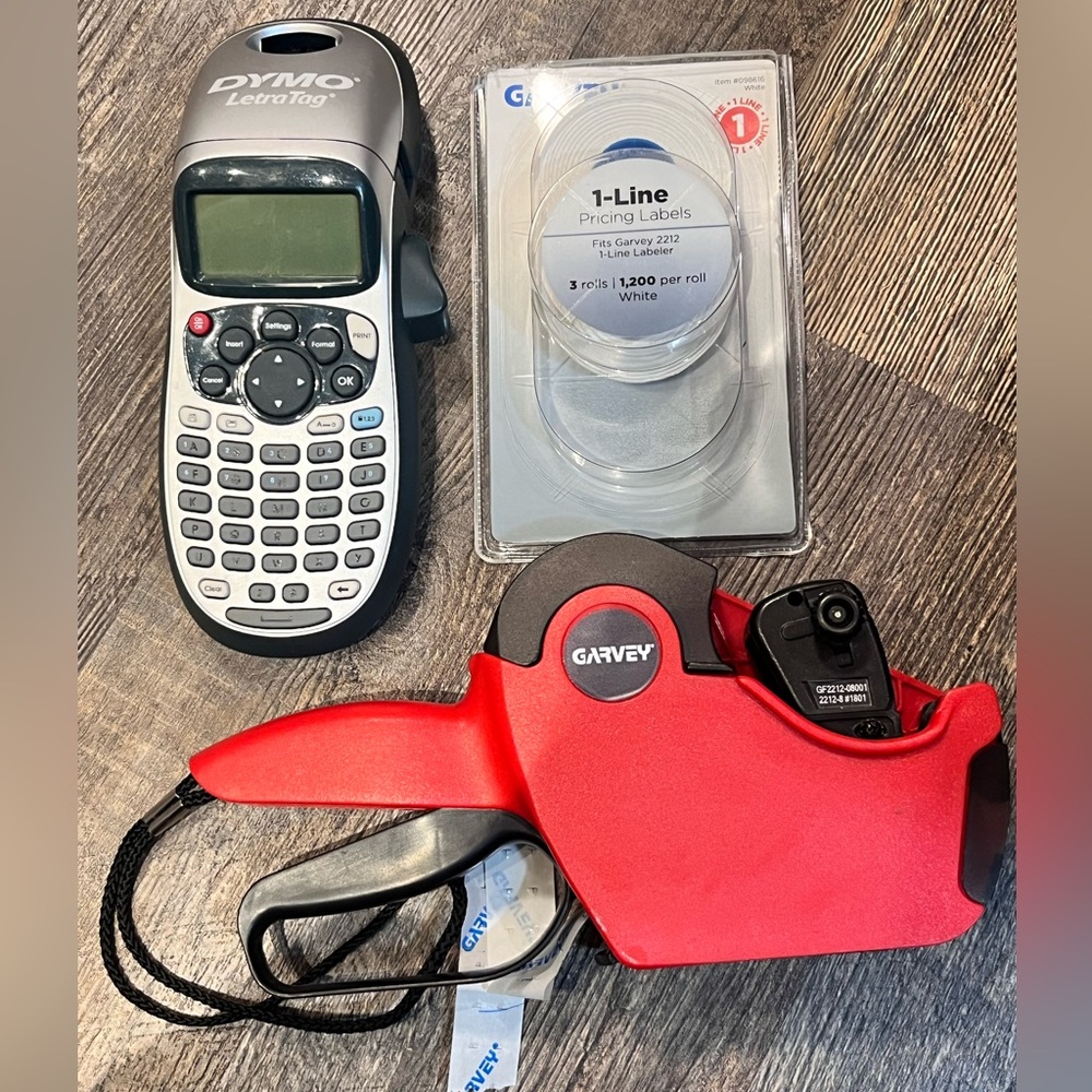 DYMO LetraTag Label Maker and Garvey Red Pricing Gun